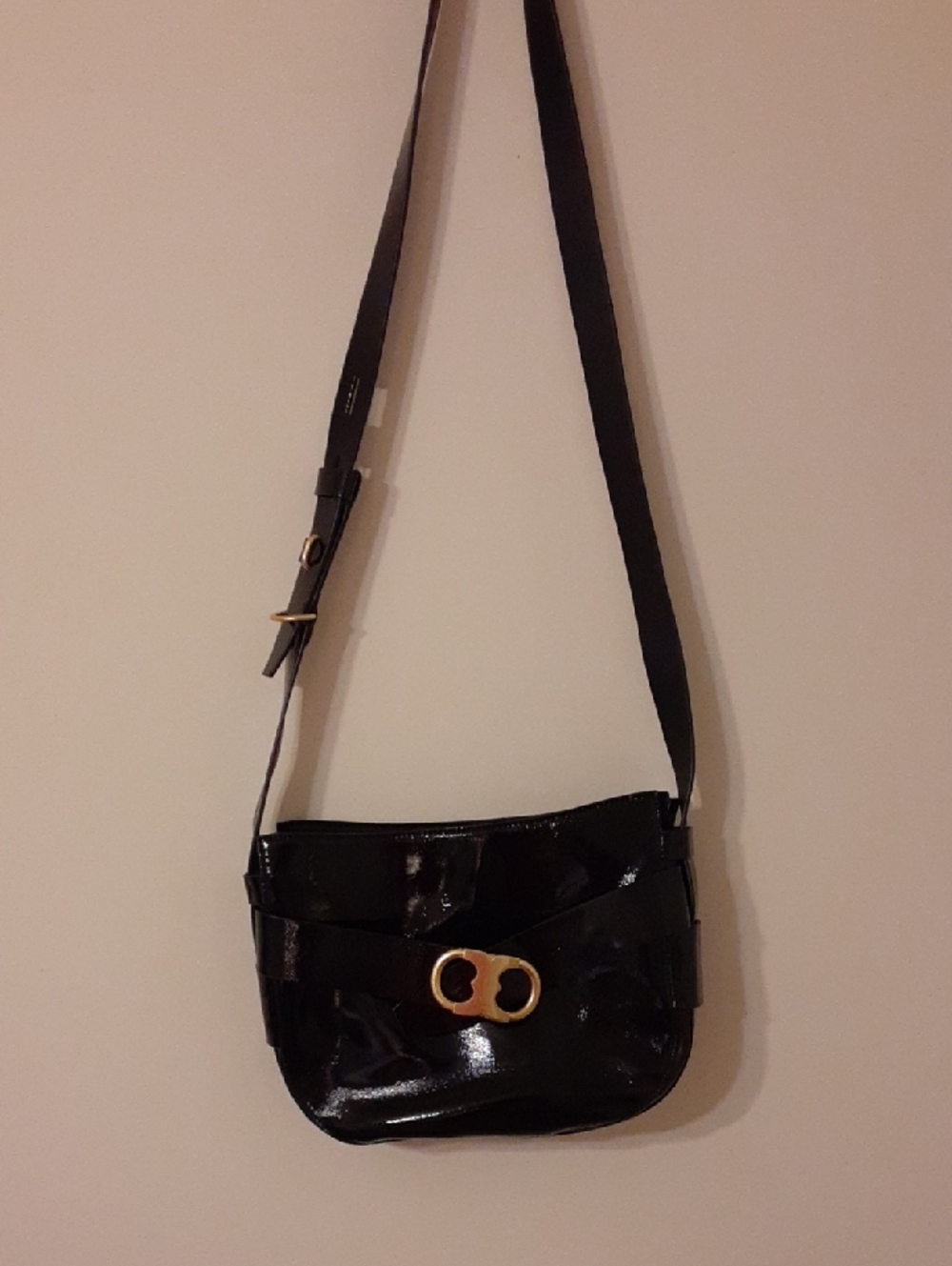 Tory Burch Black Patent Crossbody Bag with Gold Accent